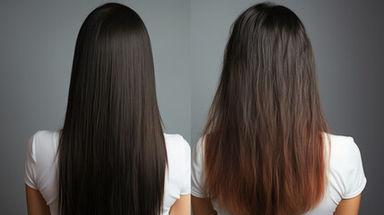 3D rendering of Before and After Nourish hair of shampoo or serum. Repair damaged hair. - obrazy, fototapety, plakaty