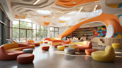 Luxury interior design of modern school. Futuristic interior of living space for study and recreation.
