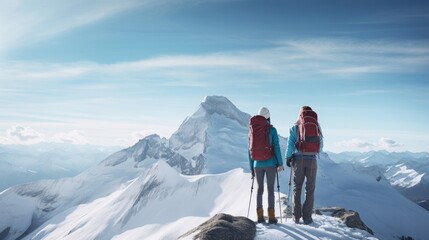 Youthful couple climbing on snowcapped mountain - obrazy, fototapety, plakaty