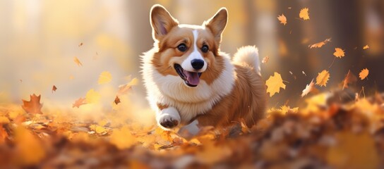 Banner with cute welsh corgi pembroke running outdoor in autumn park. Happy smiling dog. Funny pet on the walk