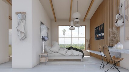 bedroom for two people, with television and small library, overlooking a spacious terrace and green spaces, comfortable, and minimalist