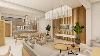 Living room, dining room, kitchen, minimalist boho chic style, with wooden furniture and a tongue-and-groove deck on the TV, blank canvas, quality architecture