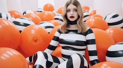 Naklejka premium Youthful lady in halloween ensemble with inflatables disconnected on white foundation