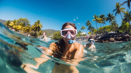 Youthful ladies at snorkeling within the tropical water - obrazy, fototapety, plakaty