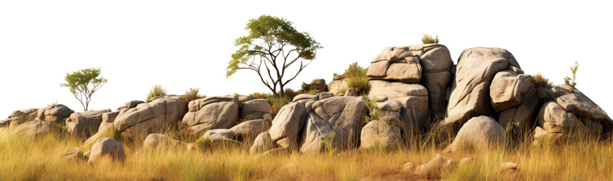 Savanna with faded grass and rocks, cut out