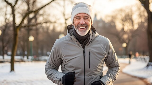 Gesunder, aktiver Mann mittleren Alters joggt im Winter in einem Park mit grauer Wintersportkleidung, Fitness bei Wind und Wetter im Alter, mit Platz für Text