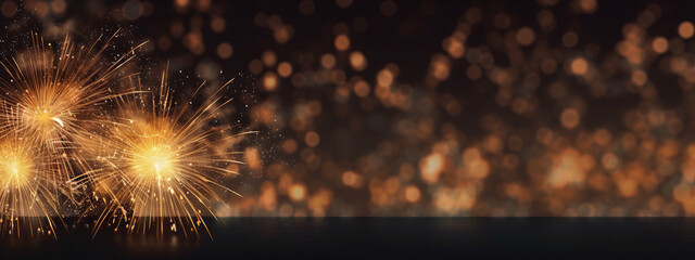 closeup of firework and bokeh lights on black background with space for text.generative ai - obrazy, fototapety, plakaty
