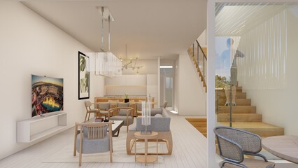 Living room, dining room and kitchen, open space, blank canvas, with many minimalist boho chic style plants, stairs and double height space