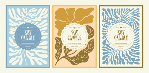 Soy wax candle vector label design template with groovy flowers background