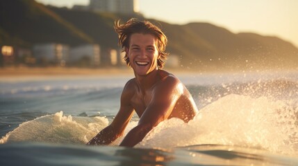 Youthful man surfing the wind on a shinning summer day