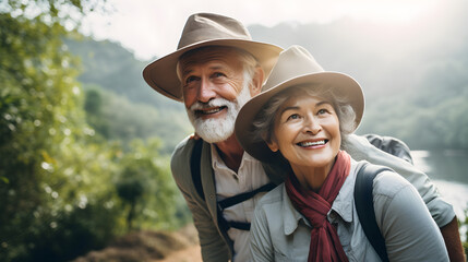 Active senior Asian couple go outdoor for nature travel adventure. Elder retirement happy healthy lifestyle activity concept. Generative AI - obrazy, fototapety, plakaty