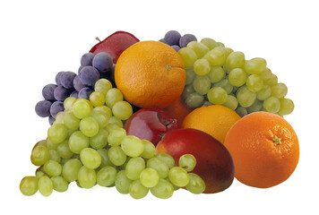 Fruits on a white background. Grapes, oranges, apples and mangoes. Nobody.