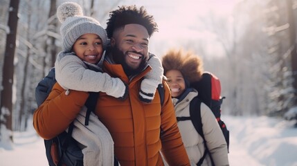 Youthful modern family of father mother and child getting a charge out of winter day in stop whereas African American man carrying small boy on shoulders