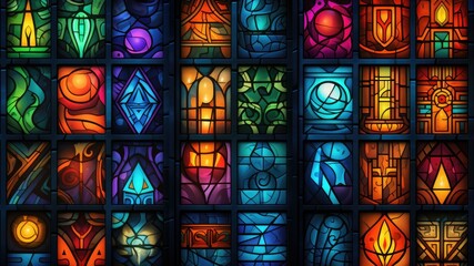 Colorful stained glass panels in the dark - obrazy, fototapety, plakaty