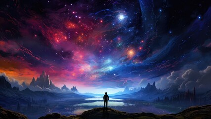 Person standing on fantasy landscape looking at a sky and celestial objects - obrazy, fototapety, plakaty
