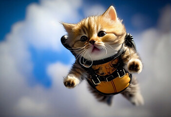 Surprised funny cat jumps with a parachute against the background of blue sky and clouds. AI generated - obrazy, fototapety, plakaty