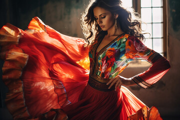 Hispanic Heritage month: beautiful Latin woman in a traditional colorful dress dancing flamenco, candid portrait - obrazy, fototapety, plakaty