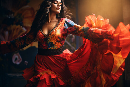 Hispanic Heritage month: beautiful Latin woman in a traditional colorful dress dancing flamenco, candid portrait