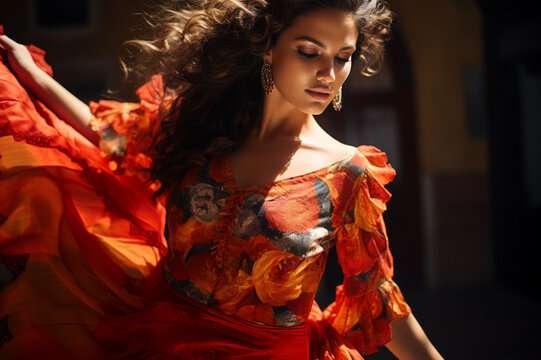 Hispanic Heritage month: beautiful Latin woman in a traditional colorful dress dancing flamenco, candid portrait