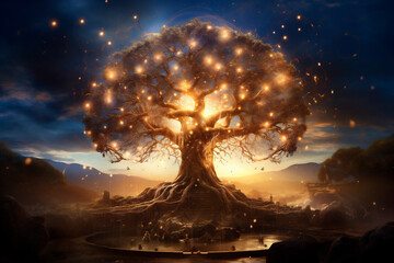 luminous tree of life with dark background - obrazy, fototapety, plakaty