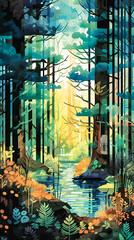 A painting of a stream running through a forest, a storybook illustration, fantasy art, poster art.