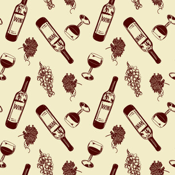 Bottle and glass of red wine, grapevine, leaves. Vector illustration of seamless pattern. Menus, wine lists, labels, banners, flyers, wrapping paper.