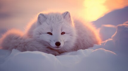 Close-up of an arctic fox curled up at golden hour