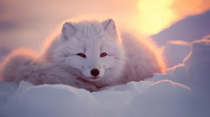 Crédence de cuisine en verre imprimé Renard arctique Close-up of an arctic fox curled up at golden hour