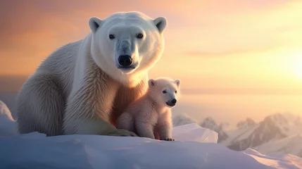 Fototapeten Portrait of a mother polar bear and her young cub at golden hour © Georgina Burrows