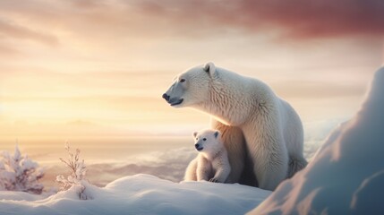 Portrait of a mother polar bear and her young cub at golden hour