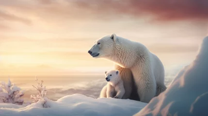 Foto op Canvas Portrait of a mother polar bear and her young cub at golden hour © Georgina Burrows