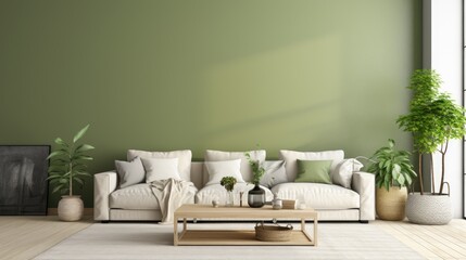 Modern living room interior with blank sage green wall and accents