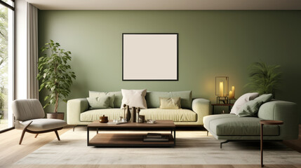 Modern living room interior with mockup poster frame, sage green accents