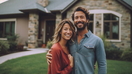A happy Husband and wife stands smiling in front of a large house. new house concept creating a family.