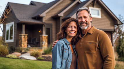 A happy Husband and wife stands smiling in front of a large house. new house concept creating a family.
