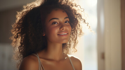 photograph of Black skin, beautiful woman, healthy, happy smile, clean skin.