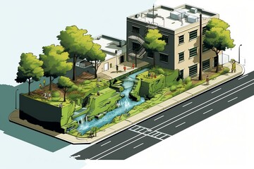 green infrastructure illustration near pavement. Generative AI