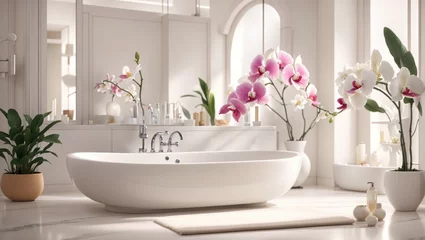 Plexiglas foto achterwand "Serenity in Design: A Stylish Showcase of Modern Elegance in the White Bathroom" © MdRifat