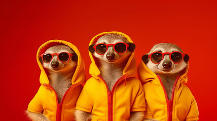 Group of Meerkat wear sunglasses, vibrant bright fashionable Creative animal concept