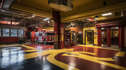 Interior design of fire station. Interior of living quarters for firefighters. - obrazy, fototapety, plakaty