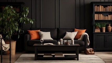 Inviting Living Room with Couch, Cushions, Black Coffee Table, and Plant Shelf in Dark White and Amber, Blending Natural and Man-Made Elements