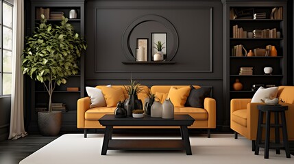 Inviting Living Room with Couch, Cushions, Black Coffee Table, and Plant Shelf in Dark White and Amber, Blending Natural and Man-Made Elements