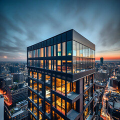 Modern office building in Frankfurt Germany. Night scene.