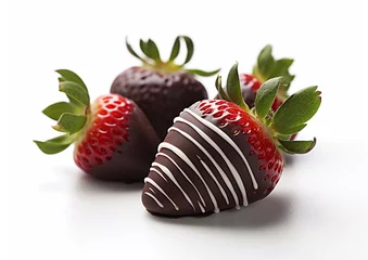  Fresh strawberries covered with dark and white on white background.Macro.AI Generative © DenisMArt