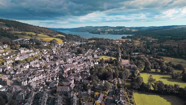 Aerial drone footage of the village of Ambleside in the Cumbrian Lake District