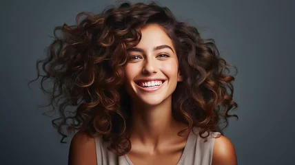 Tragetasche Woman with curly beautiful hair on gray background, girl with beauty short wavy hairstyle. © JKLoma