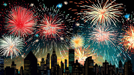 Fototapeta na wymiar City holiday celebration panorama with bright festive firework show. Night sky of megapolis with sparkling bursting and exploding firecrackers