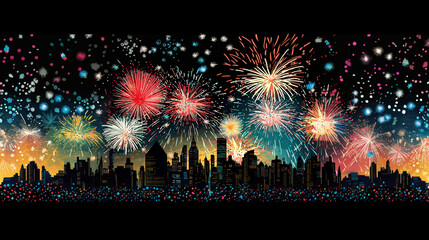 Fototapeta na wymiar City holiday celebration panorama with bright festive firework show. Night sky of megapolis with sparkling bursting and exploding firecrackers
