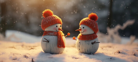 snowmen knitted with red wool hat and orange scarf in snow with forest in background. - obrazy, fototapety, plakaty