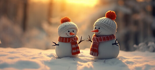 snowmen knitted with red wool hat and orange scarf in snow with forest in background. - obrazy, fototapety, plakaty